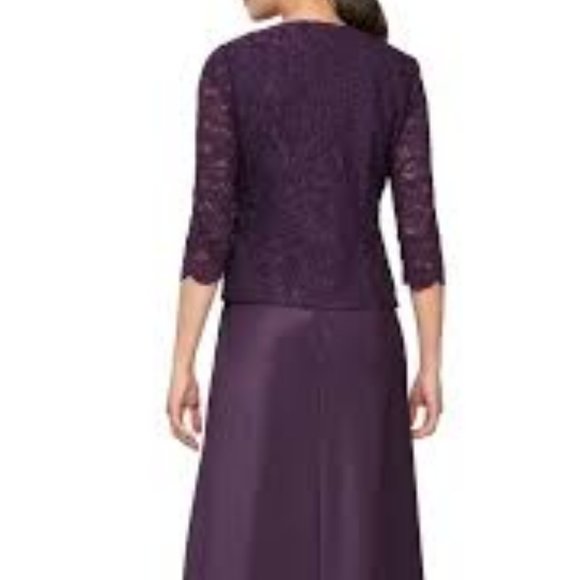 NWT ALEX EVENINGS WOMEN'S 2 PIECE DRESS WITH GLITTER LACE JACKET EGGPLANT 6P - Picture 3 of 12